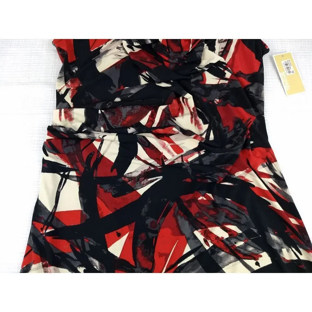 Michael Kors Sleeveless Sheath Dress L Ruched Side Cowl Neck Black Red Blaze NWT